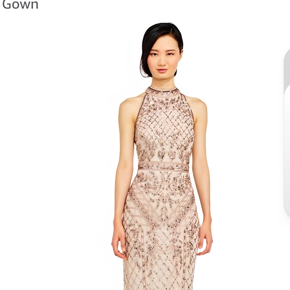 Adrianna Papell Tan Halter Embellished Gown